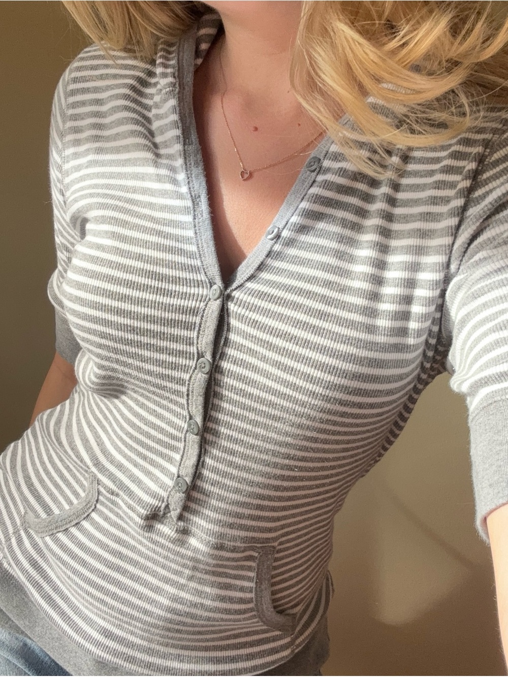 Sonoma Gray & White Striped Hooded Henley Sweater - Picture 7 of 8
